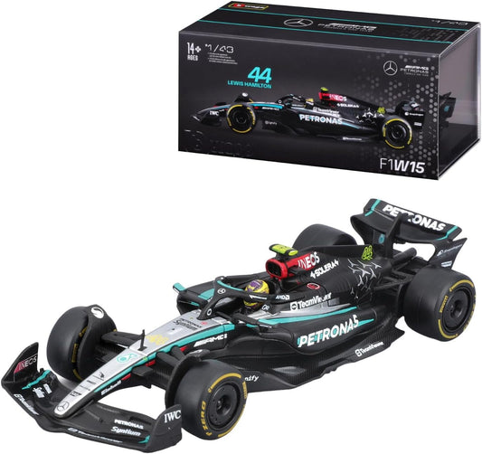 F1 Formula 1 MERCEDES AMG W15 (2024) with HELMET- HAMILTON - 1:43 Scale - Incredibly Detailed Die-Cast Replica Collectible Race Car Model, Black