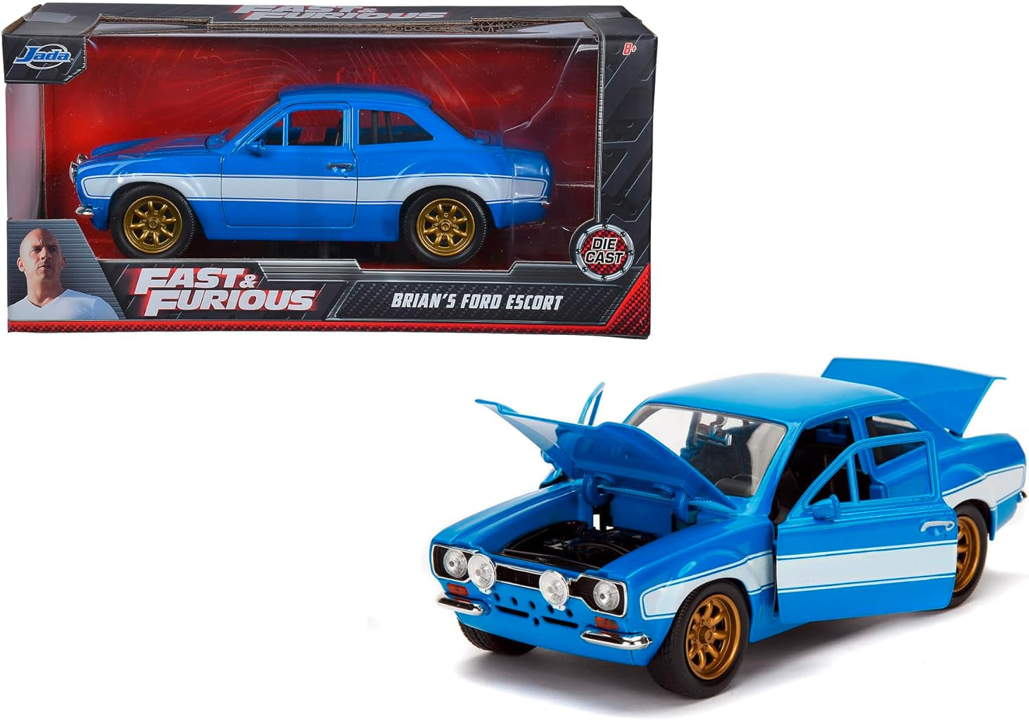 Toys Fast & Furious Movie 1970 Brian'S Ford Escort Blue with White Stripes, 1/24 Diecast Model Car